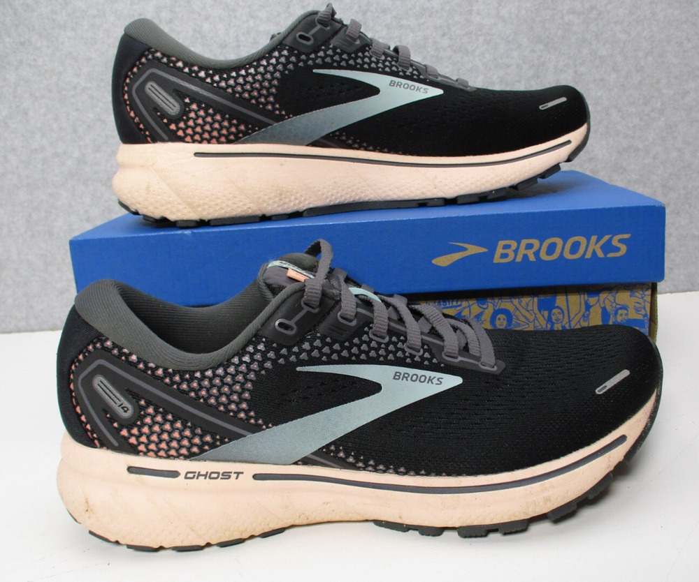 Brooks Ghost 14 Running Shoes Black Peach/Pink Womens Sz 9 B Medium